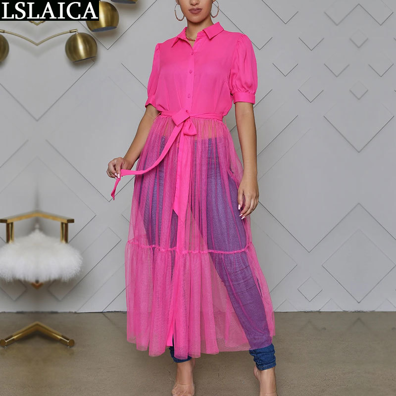 Women Blouses Party Solid Loose Holidays Patchwork Elegant Classy Turn Down Collar Wild Mesh Casual Midi 210520