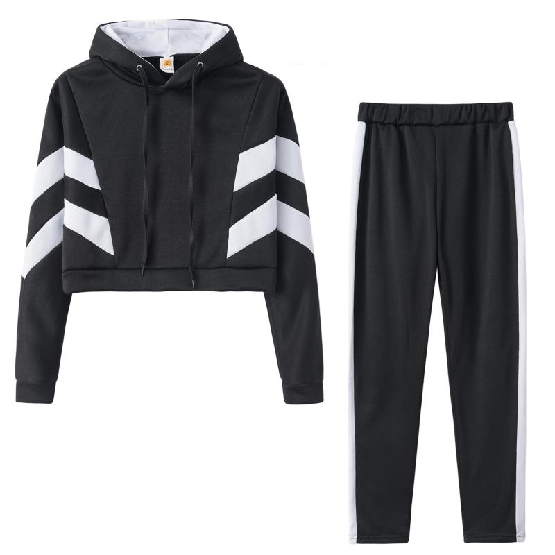 Autumn Winte Ladies Fashion Hooded Long Sleeve Color Block Hoodies+Sweatpants 2 Piece Sportswear Casual Suit Women's Tracksuits