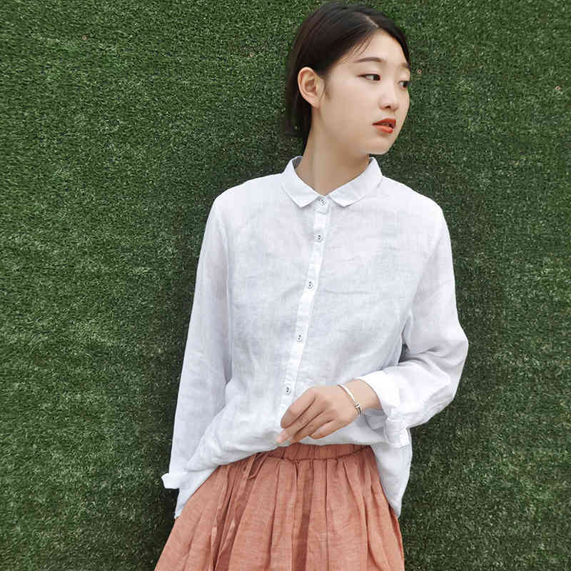 Spring Korean Fashion Women Long Sleeve Loose Casual Shirts Vintage Cotton Linen Blouses Femme Tops White Shirt M181 210512
