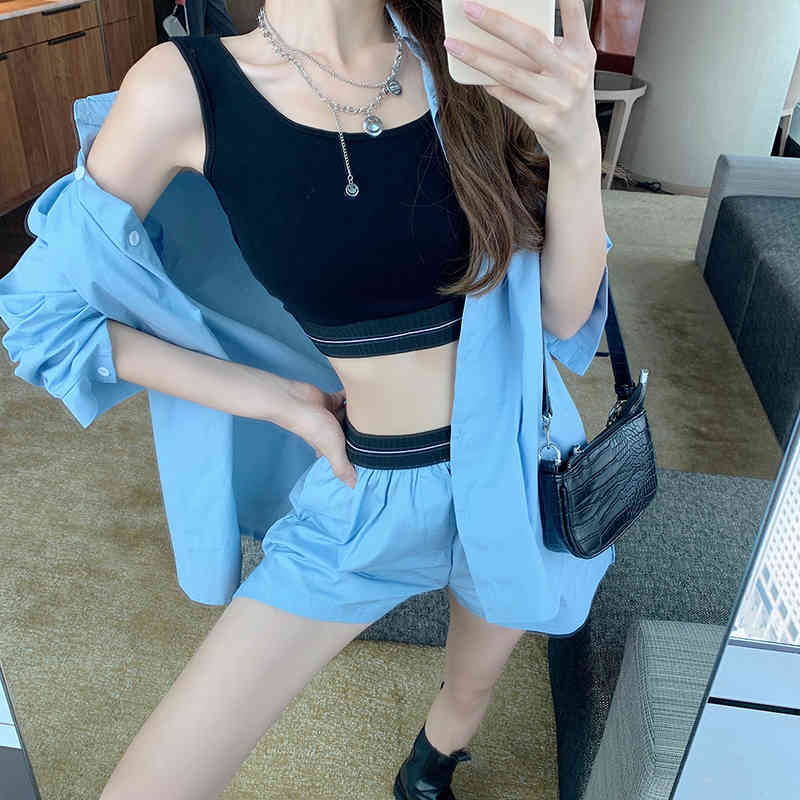 est Women's Fashion 3 Piece Set Casual Long Sleeve Blouses + Sexy Black Vest Crop tops Short Suits 210519