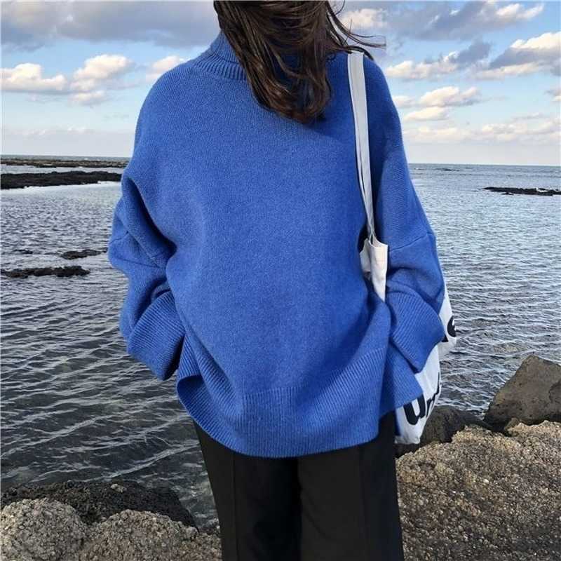 Turtleneck Collar Sweater Spring Autumn Pattern Long Sleeve Solid Knitting Pulloveres Overszie Casual Women Black Blue 211018