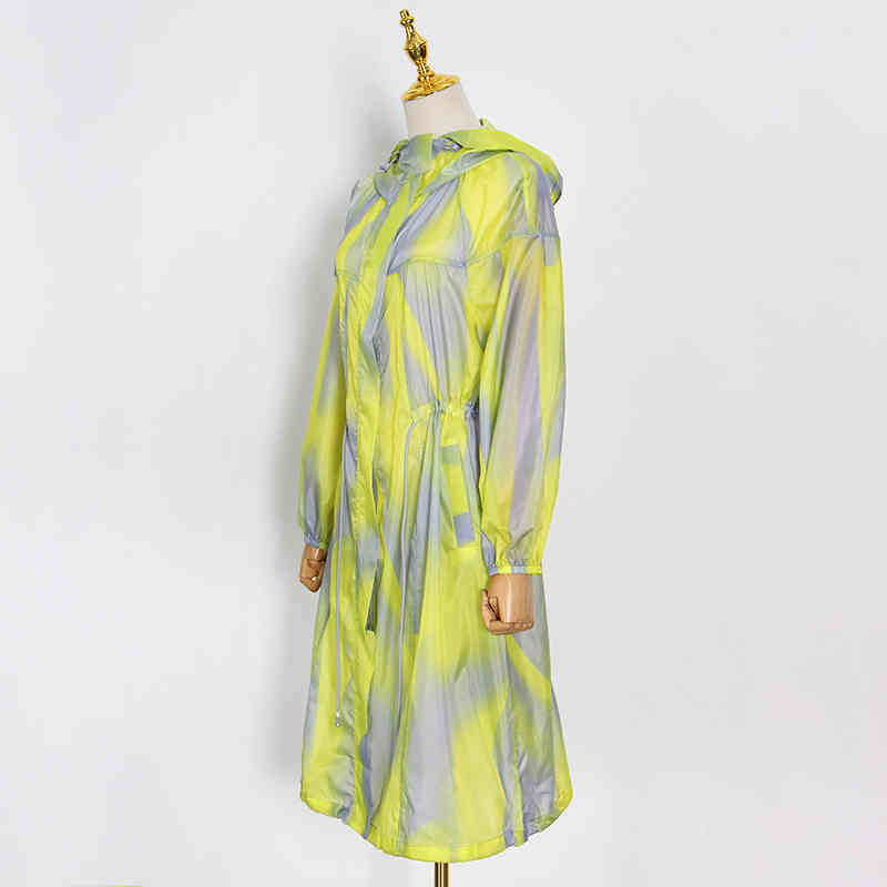Loose Drawstring Print Coat For Women Hooded Long Sleeve Hit Color Casual Coats Female Fashion Clothing 210524