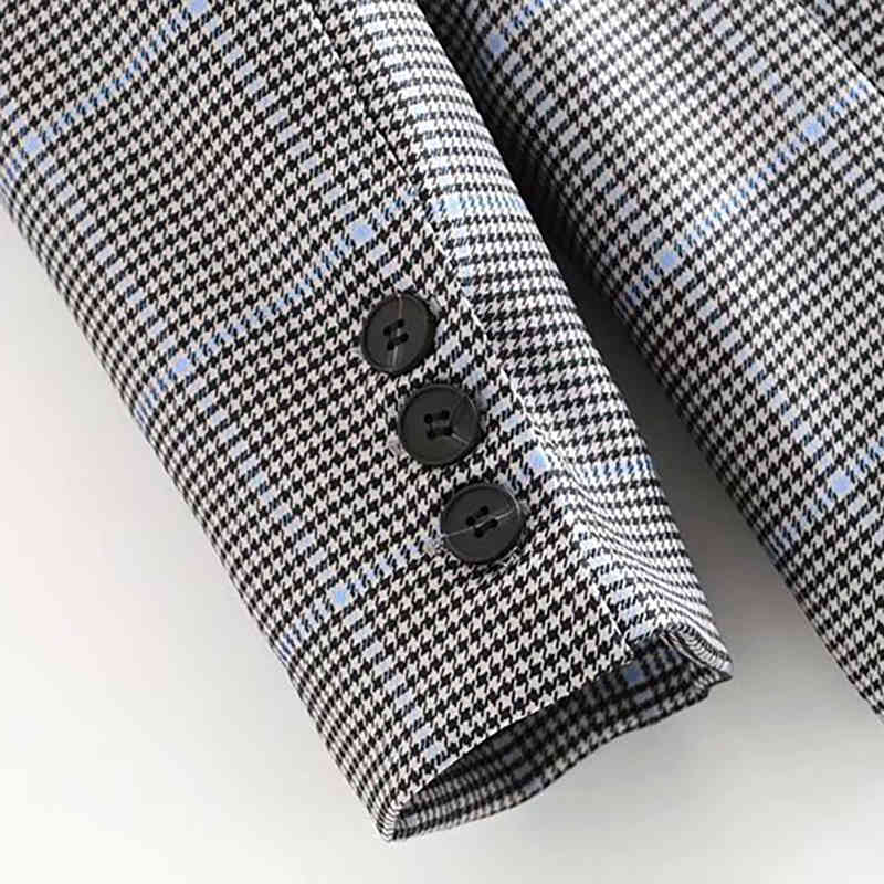 Vintage Lady Plaid Blazers Suit Pockets Long Sleeve Office Coat Women Double Breasted Houndstooth Jacket Outwear Veste Femme 210515