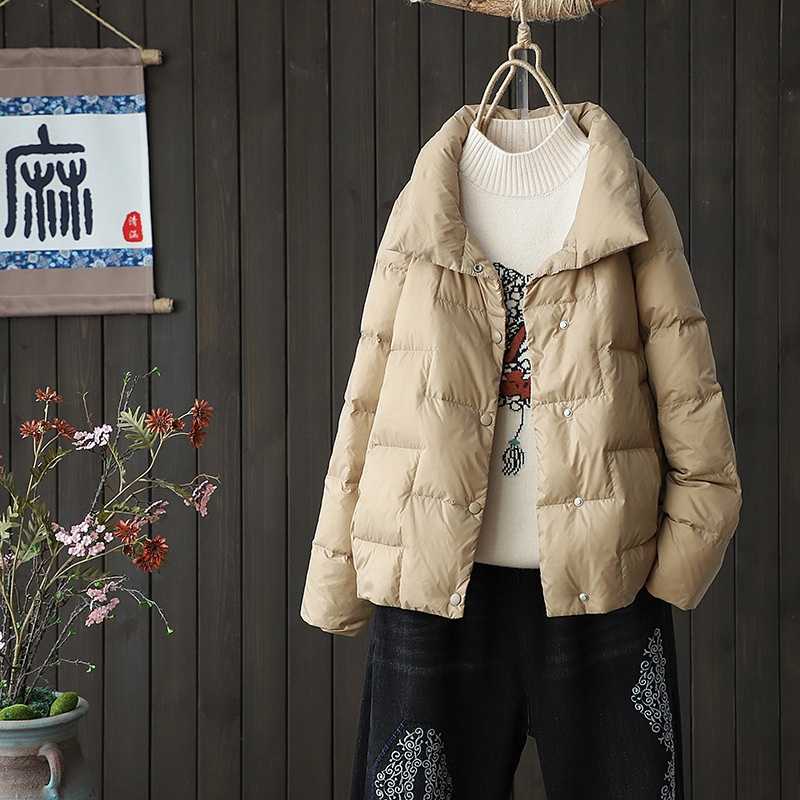 Schinteon Women Light Down Jacket Simple Casual Solid Color Stand Collar Short Outwear Autumn Coat Female Fashion 211221wtt