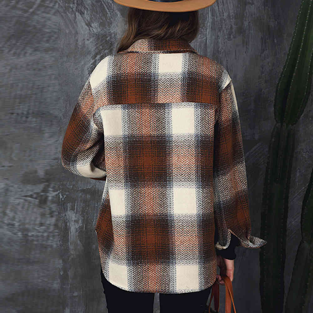 Women Korean Warm Vintage Fashion Coats And Jackets Ladies Black Plaid Checkered Outerwear Shirt New Autumn Winter Clothes 210415