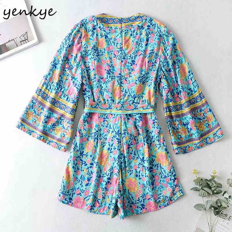 Floral Print Holiday Boho Beach Jumpsuit Women Sexy Cross V Neck Batwing Sleeve Casual Summer Short Romper 210430