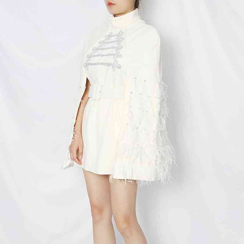 Elegant Patchwork Feather Women Jacket Turtleneck Long Sleeve High Waist Sashes Pearl Casual Coat Female 210524