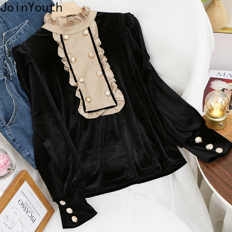 Neploe Blusas Mujer De Moda Stand Neck Ruffles Slim Blouses Women Patchwork Double-breasted Shirt Korean Chic Tops 4G302 210422