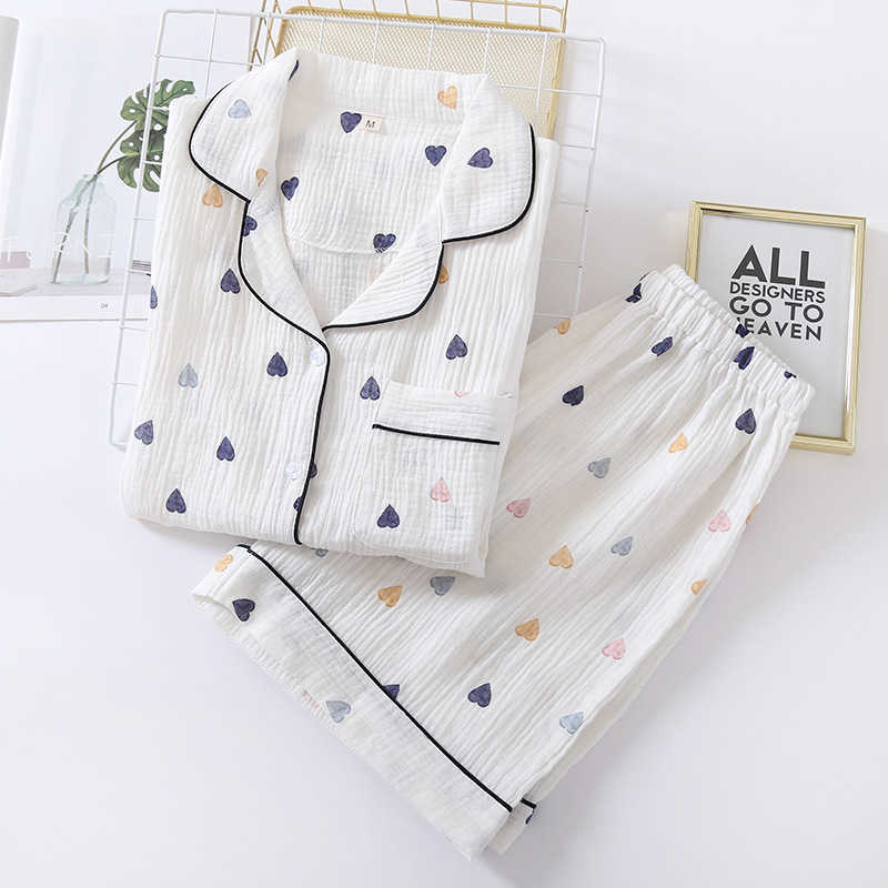 Japanese summer ladies cotton gauze short sleeve shorts pajamas suit cute heart-shaped thin section home service suit woman 210924