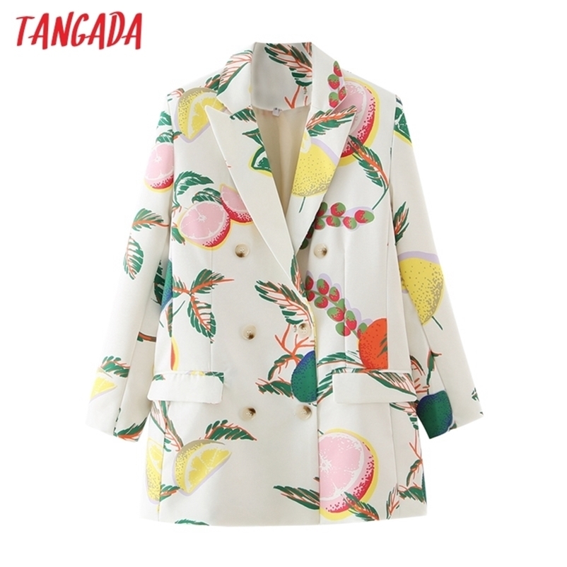 Tangada Women Fashion Fruit Print Blazer Coat Vintage Double Breasted Long Sleeve Female Outerwear Chic Tops DA139 211116