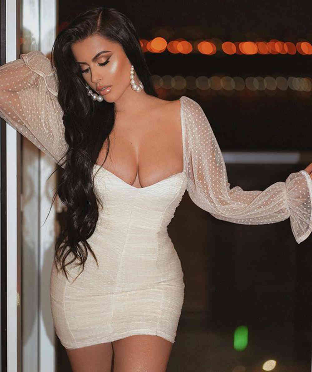 Women's Summer Sexy Long Sleeve Mesh Mini White Tight Bandage Dress Latest Elegant Celebrity Party Vestidos 210525