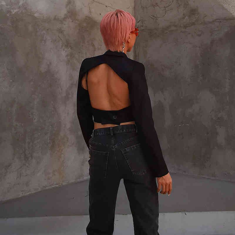 Sexy Black Cross Blazer For Women V Neck Long Sleeve Backless Short Tops Female Autumn Fashion Clothing 210524