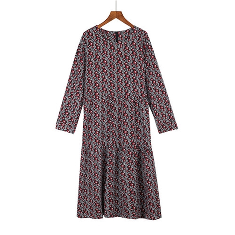 Plus Size 4XL O-Neck Women Print Flowers Shirt Fall Fashion Vintage Long Sleeves Good Quality Female Dress D7N705A 210416