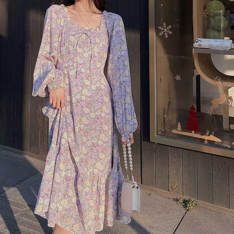 Purple Floral Midi Dress Women Summer French Vintage Dress Korean Flower Elegant Strap Dress Female Summer 210521