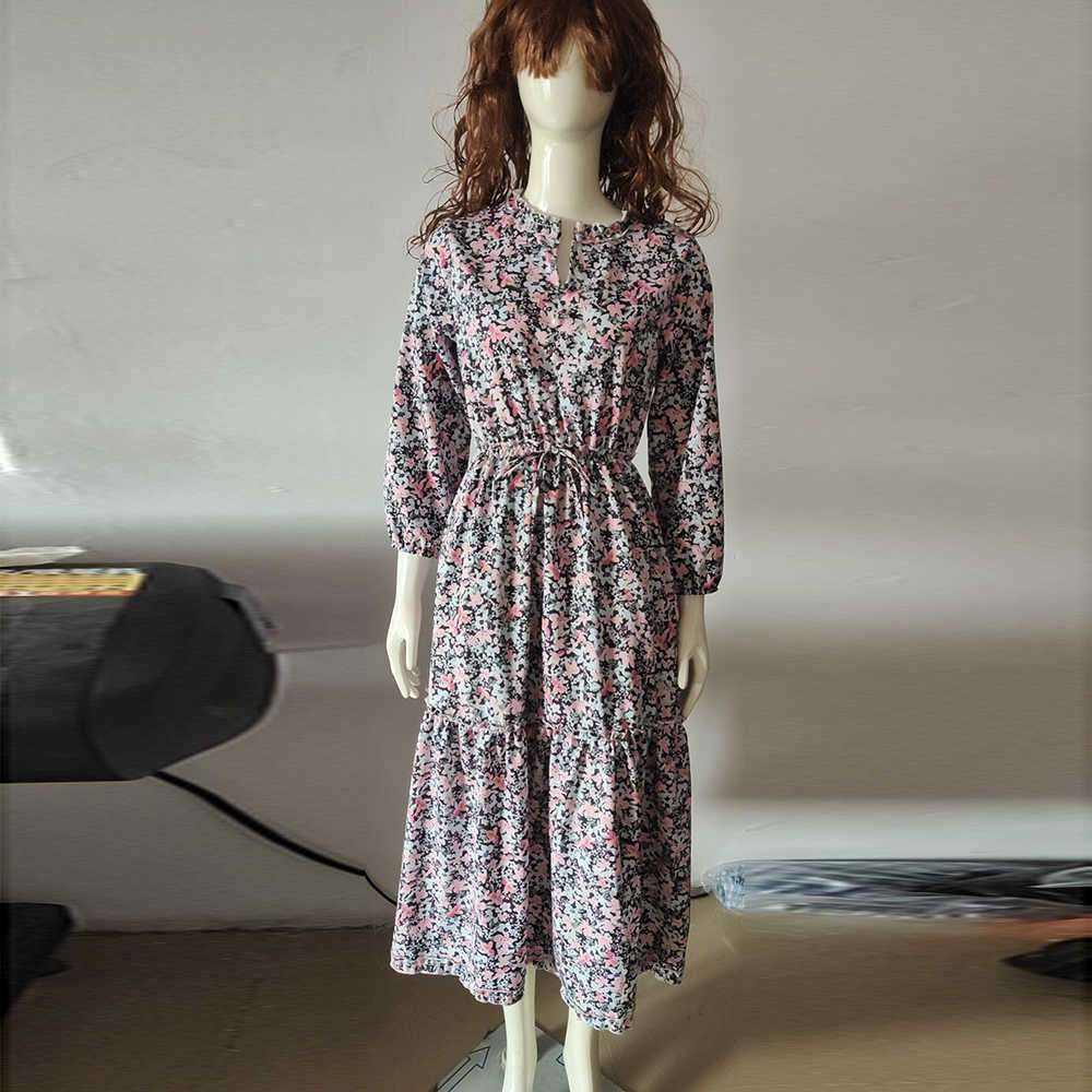 Vintage Floral Print Maxi Dresses For Women Summer Long Sleeve V-Neck Ruffles Ladies Spring Casual Party Dress Vestidos 210630
