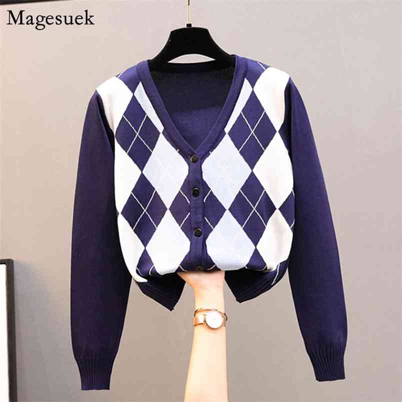 Autumn Long Sleeve Vintage Argyle Sweater V-Neck Short Plaid Woman s Winter Knitted Cardigan Tops 11718 210512