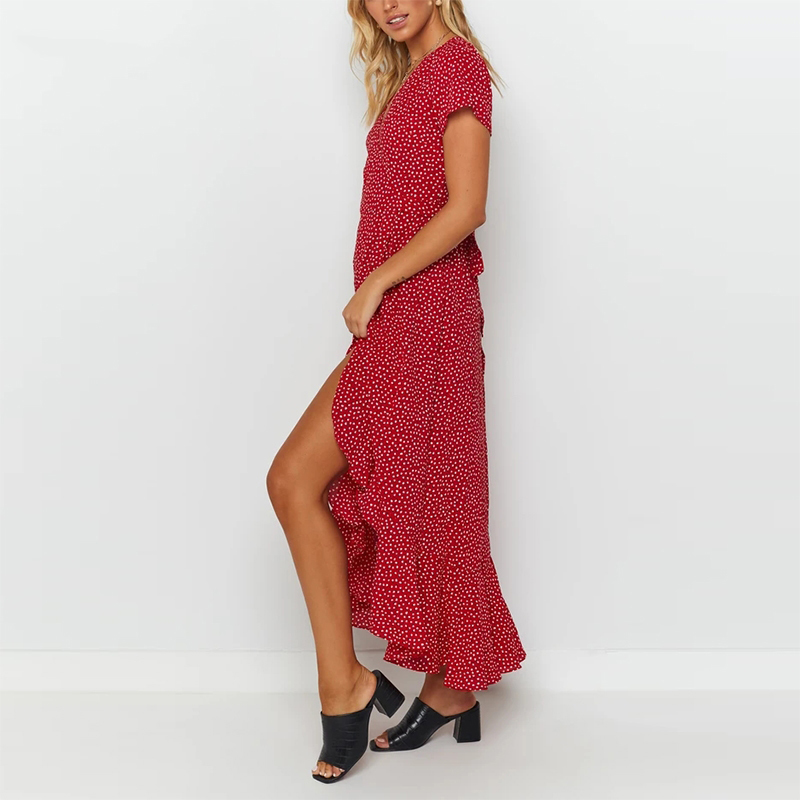 Women Bohemian Summer Long Dresses Floral Print Ruffles Split Maxi Dress Short Sleeve Casual Sundress Beach Dress 210414