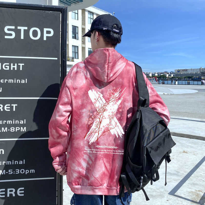 Autumn winter tie-dye men hooded oversize pullover top couple clothes plus velvet Unisex Streetwear korean style Casual hoodies 211014