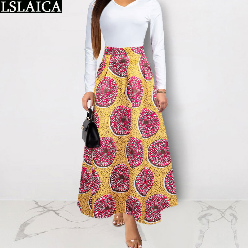 Fashion iridescent long skirt high waist plus size S-2XL print casual elegant wild women s beach holiday ladies 210520