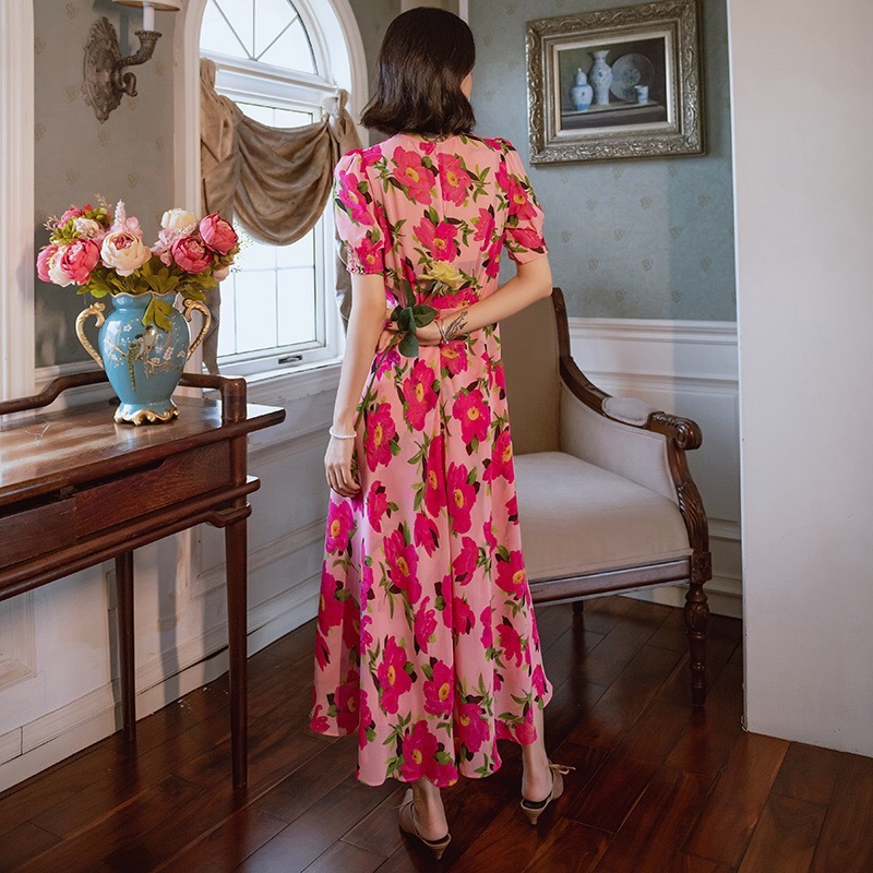 Bohemian Flowery Beach Style Dress Women V neck Button Decorative Floral Print Boho Casual Slip Fashion 210421