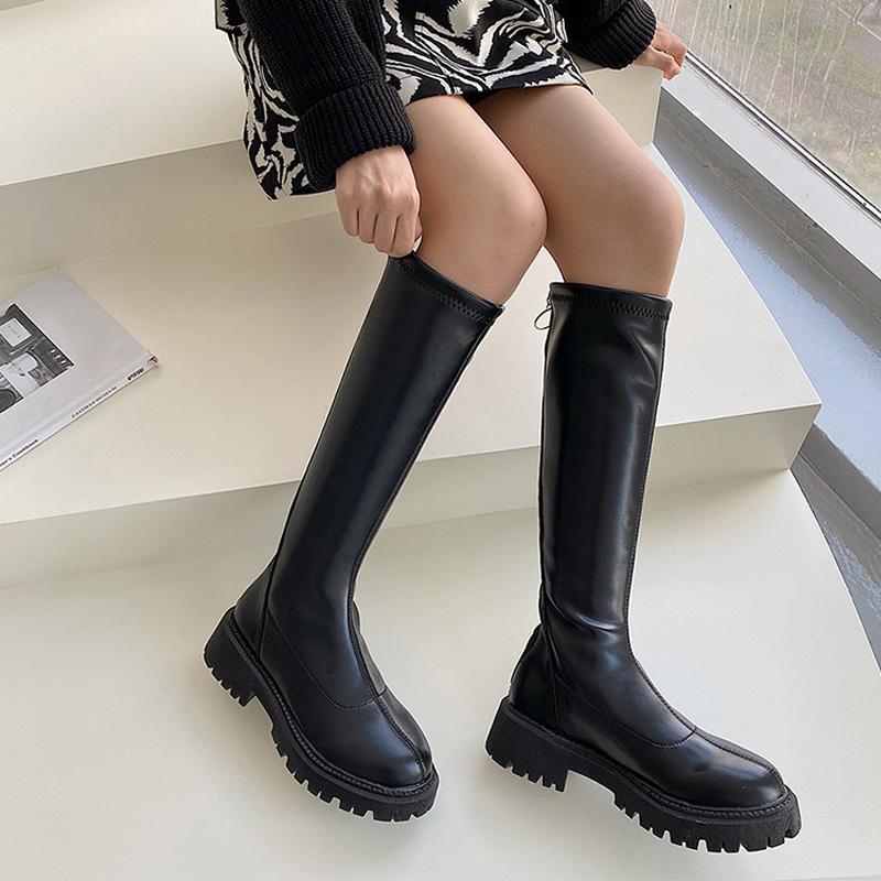 Boots 2021 Woman's High Fashion Knee Slim Thick Sole Pu Ladies Flat Heels Woman Shoe Platform Female Shoes Autumn