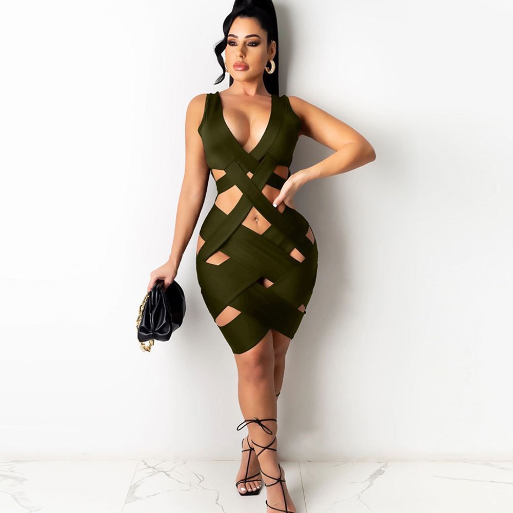 Sexy Dress Women Deep V Neck Backless Hollow Out Cross Weave Mini Elegant Night Club Party Bodycon es Robe Femme 210522