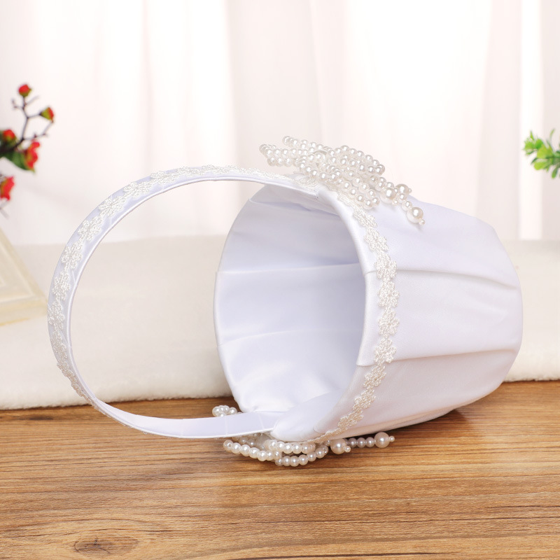 White Wedding Flower Basket Ring Pillow Set with Satin Rose Pearl Bow-knot Bride Girl Baskets Decor H-5714