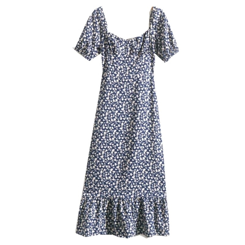 Vintage France Style Elegant Floral Print Slim Short Sleeve Dress Chic Ruffles A-line Midi Women Dresses Back zipper 210429