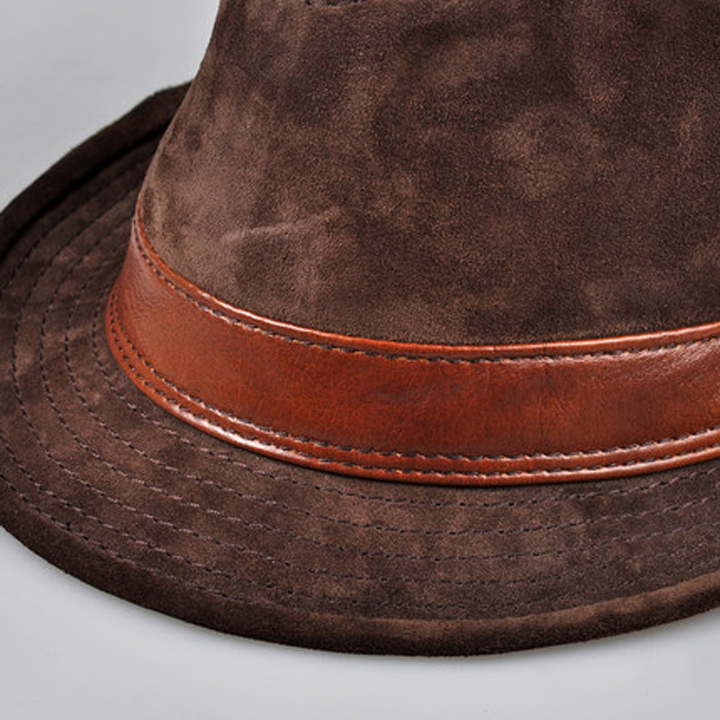 Men Genuine Leather Suede Cow Skin Hats Nubuck Brown Fedoras Women Gentleman Male Jazz Hip Pop Caps 56-60cm Fitted Hat