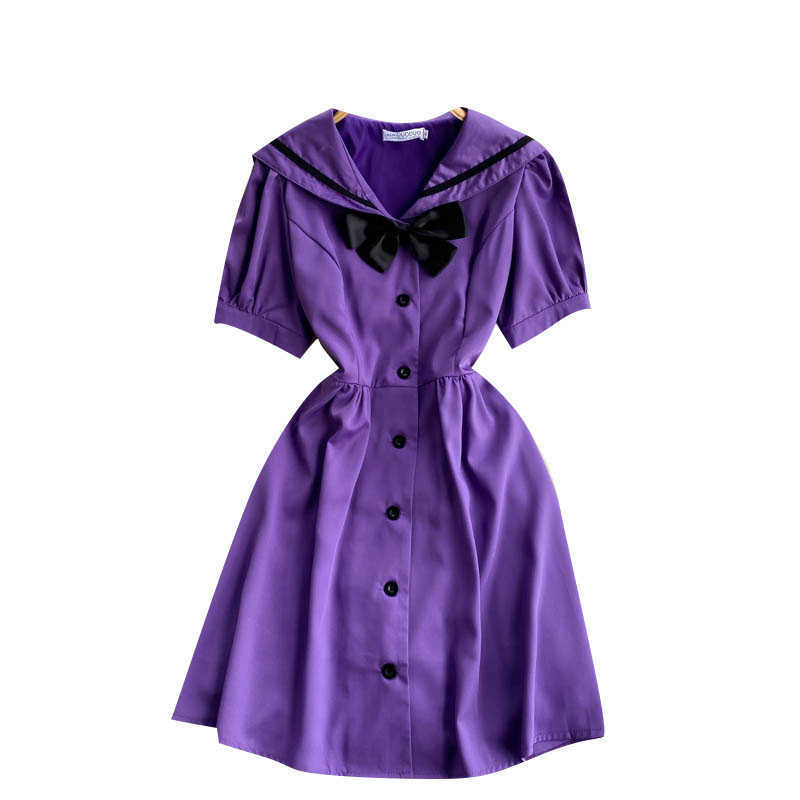 DEAT Women Purple Bow Dress Peter Pan Collar Puff Sleeve Arrivals Lady Temperament Fashion Spring Summer 11D580 210709