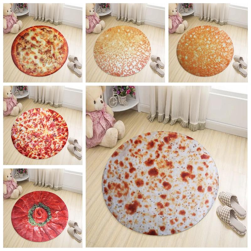 60*60cm Creative Piza Round Floor Mat Roll-up Pancake Carpet Flannel Anti Slip Home Living Room Dec Carpets