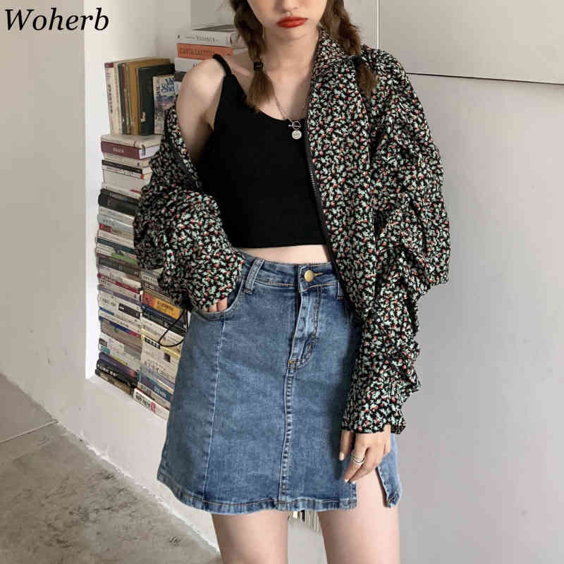 Korean Chic Elegant Floral Print Womens Coats and Jackets Pleated Sleeve Cropped Coat Spring Chamarras De Mujer 210519