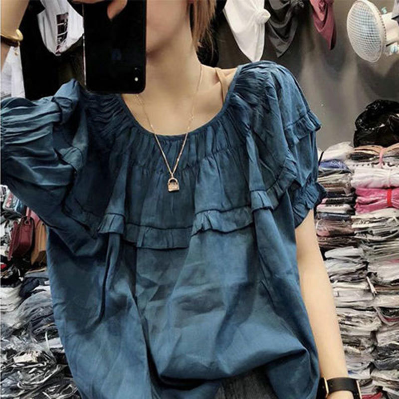 Summer Women Shirts Plus Size Loose Casual Short Sleeve Ladies Tops Solid Cotton Ruffles Blouses Female Cute Shirt D48 210512