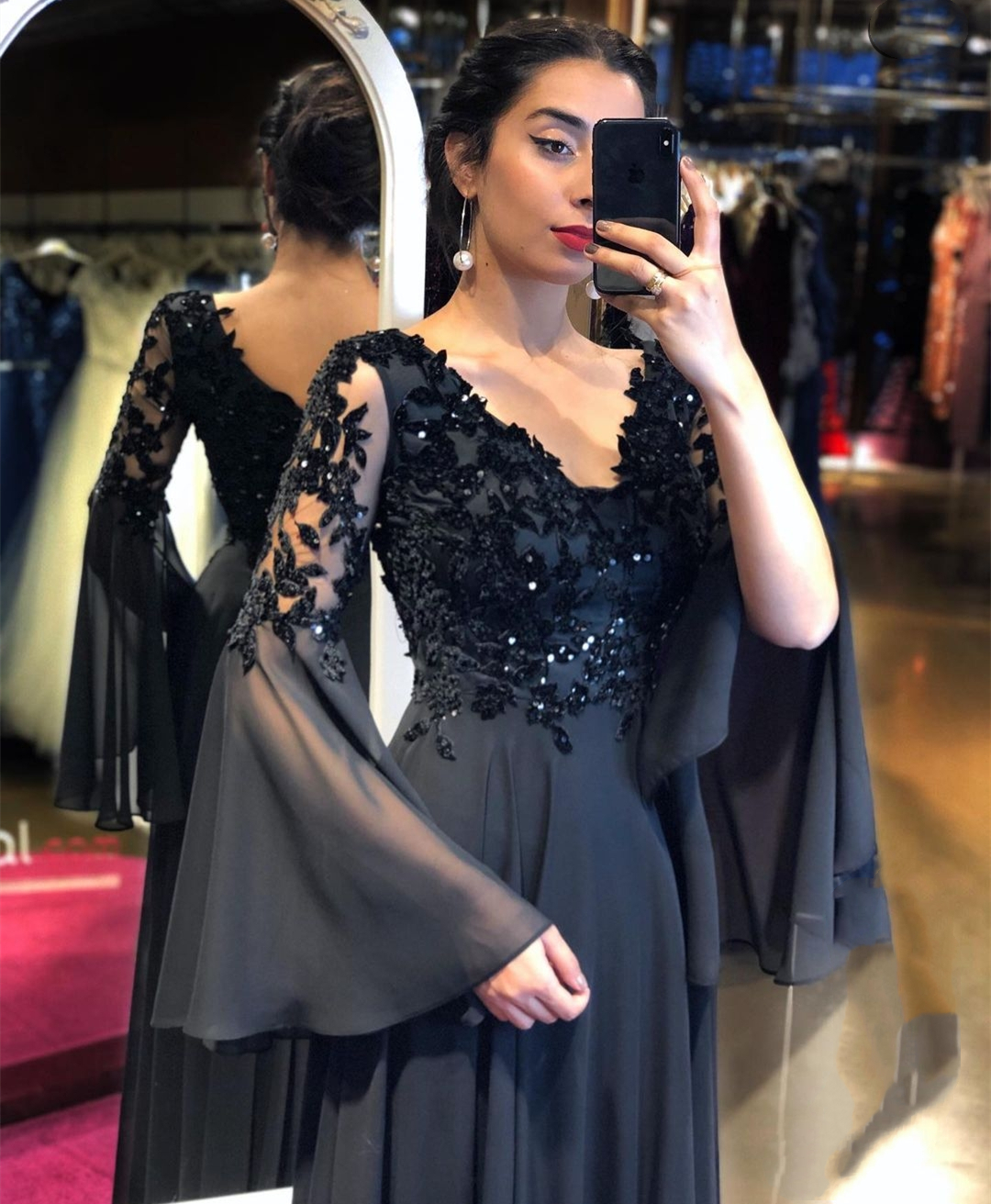 Black Elegant Evening Dress A-e Flare Sleeve V-Neck Lace Appliques Sequined Backless or Length Party Prom Gown 2021