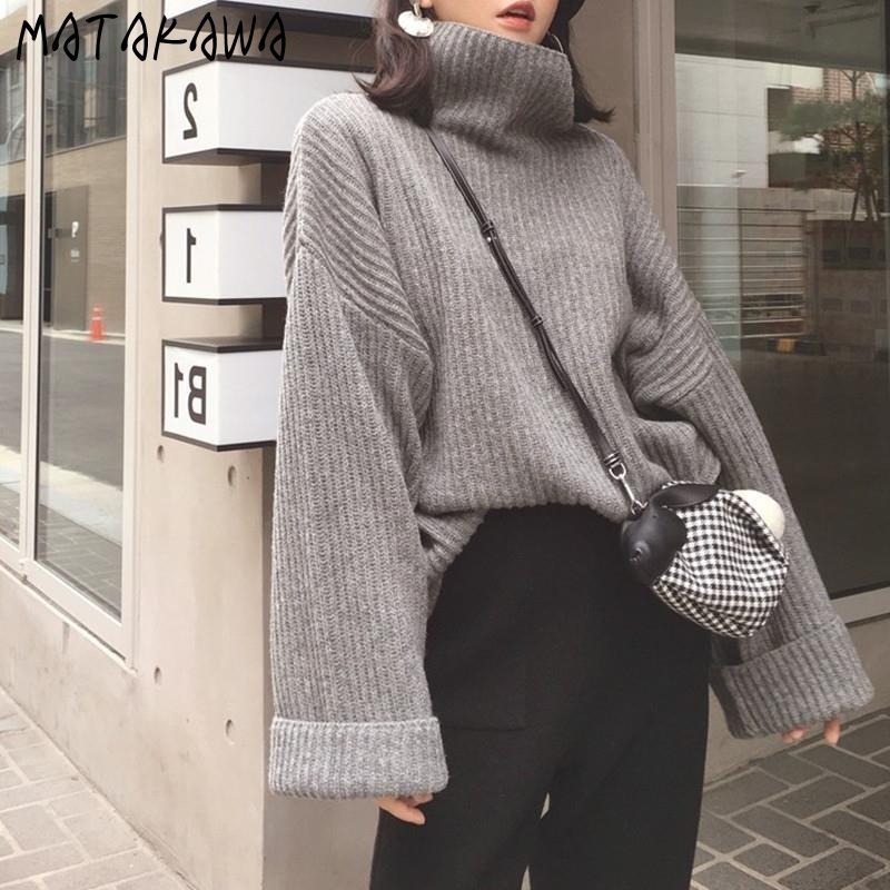 MATAKAWA Japanese Fashion Turtleneck Women's Sweater Loose Outer Wear Korean Thick Knit Sweaters Top 210513