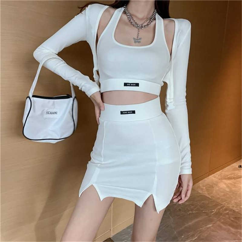 3 Pieces Sets White knitting Blouses + Tops+Skirt Summer Women Casual Sweet long Sleeve Tops And A Line Mini Skirts 210825