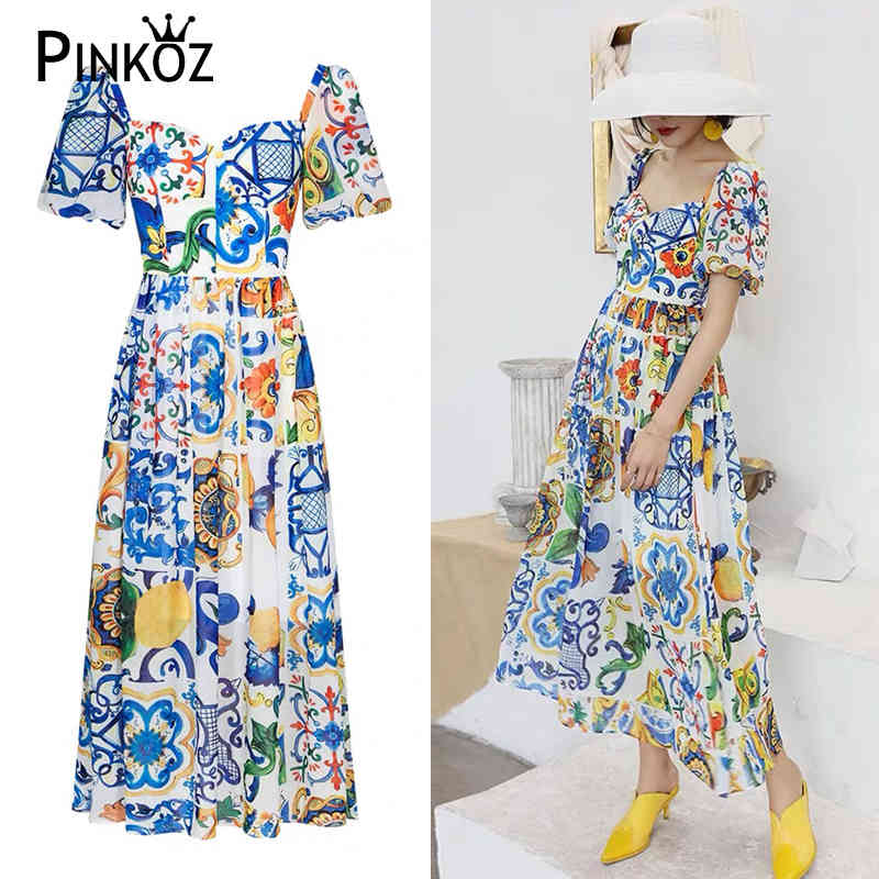 victorian square collar puff sleeve blue and white vintage printed summer maxi dress for women lady fashion chic robe 210421