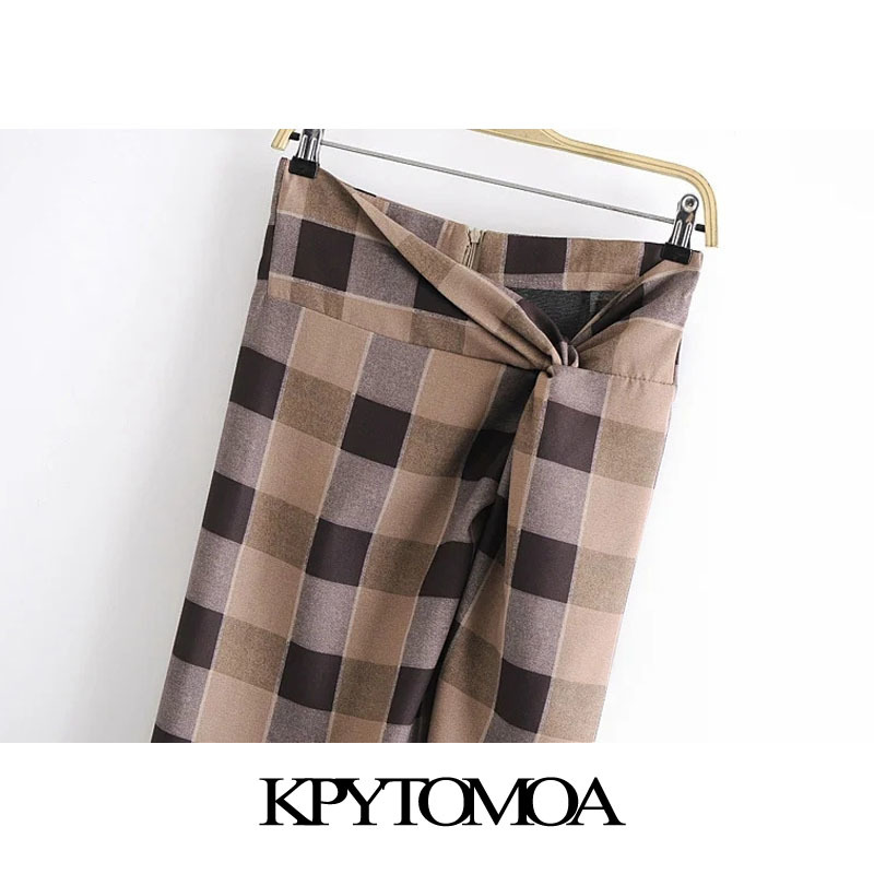 Women Fashion With Knot Side Vent Checked Midi Skirt High Waist Back Zipper Female Skirts Mujer 210420