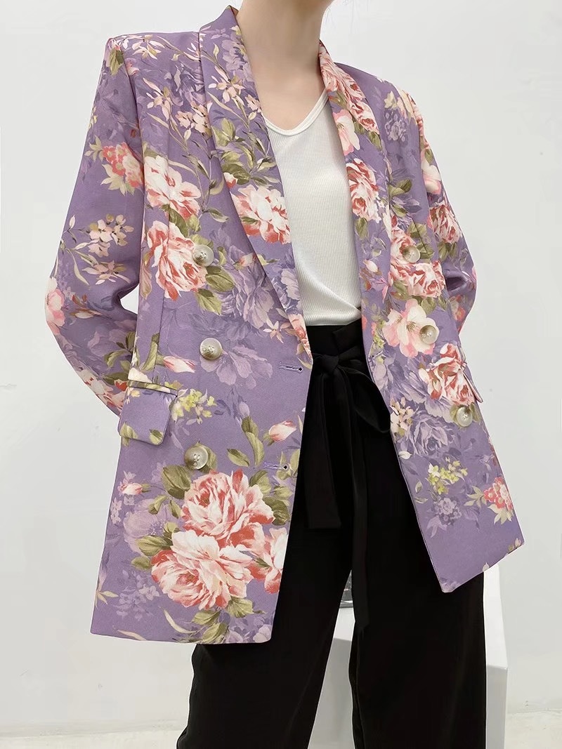 Autumn CHIC Shawl Collar Purple Daisy Flower Print Blazer Vintage BF Style Mid Long Women Suit Coat Loose Femme 210429