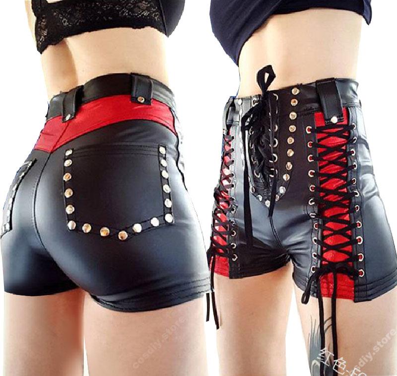 Large Size Short Pants Punk Goth PU Leather Women Sexy Skinny Lace Up Pockets Patchwork High Waist Club Shorts For Girls Women's