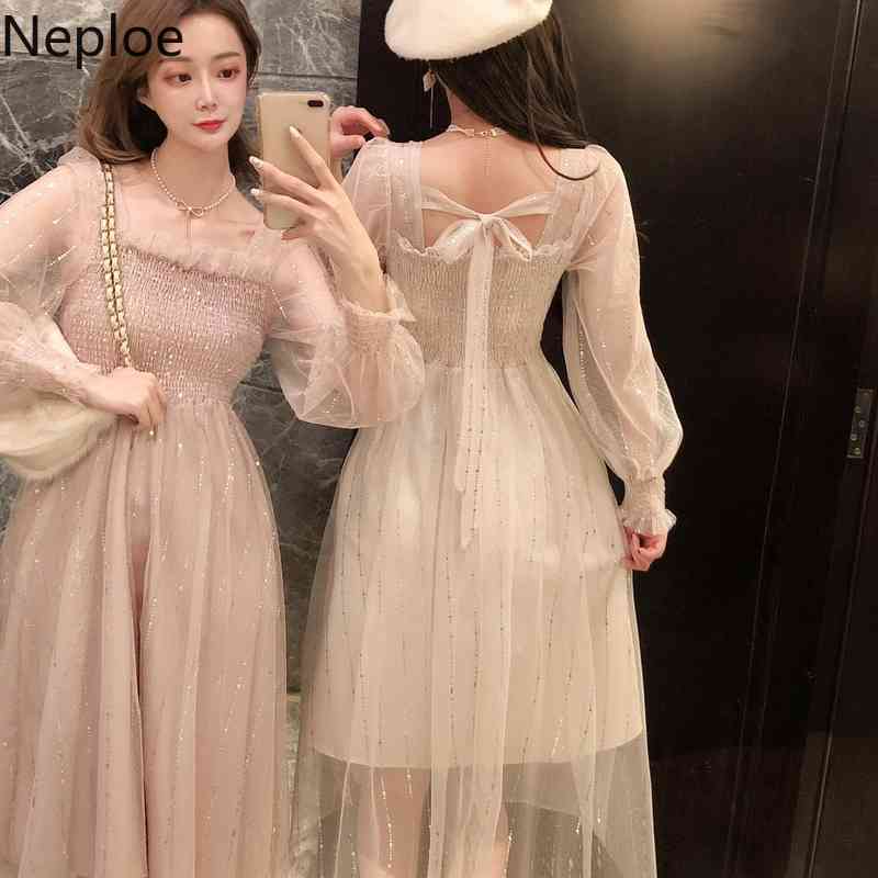 Neploe Summer Elegant Dress Women Sequin Spotted Sweet Princess Gauze Vintage Midi Vestidos Female Pleated Slim Holiday Dresses 210422