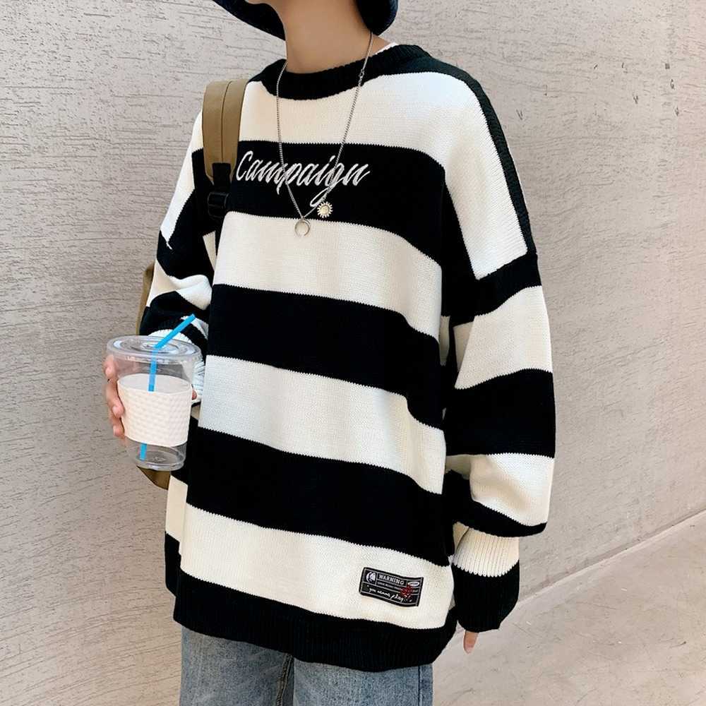 Crew Neck Sweater Men Striped Sweater Men Casual Clothes 2021 Streetwear Korean Fashion Pullover Sweaters Knitted Oversized Y0907