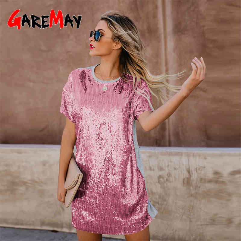 Rose Gold Sequin Dresses Woman Party Night Slim Short Sleeve Patchwork Bodycon Nightclub Mini Vintage Dress Vestido Lentejuelas 210428