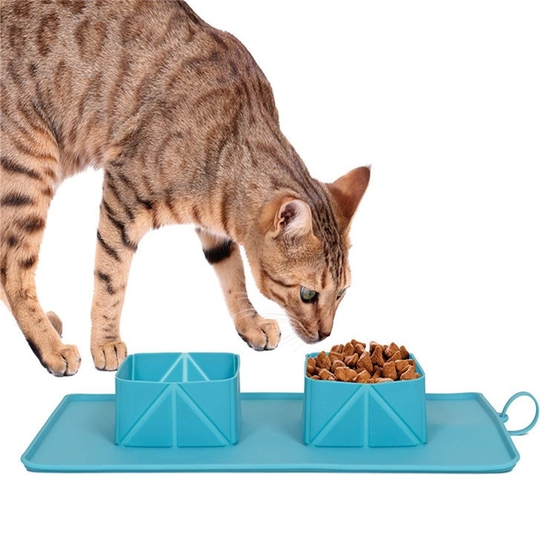 Pet Silicone Folding Bowl Dog Double Bowls Outdoor Traveling Dispenser Pets Portable Drinking Bowl Food Feeder With Velvet Bags