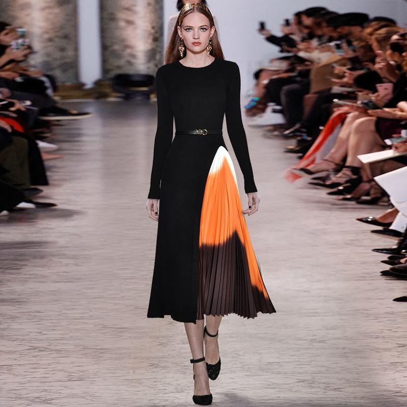 Office Look Luxury Sweater Dress Women Knitted 2021 Designer Runway Sashes Knitting Long Sleeve Patchwork Pleated Dresses Casual