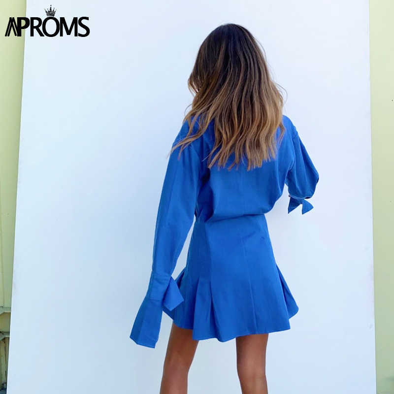 Aproms Elegant Blue Cotton Shirt Dress Women Spring High Fashion Solid Color Flared Sleeve Bodycon Mini Dresses OL Vestidos 210630