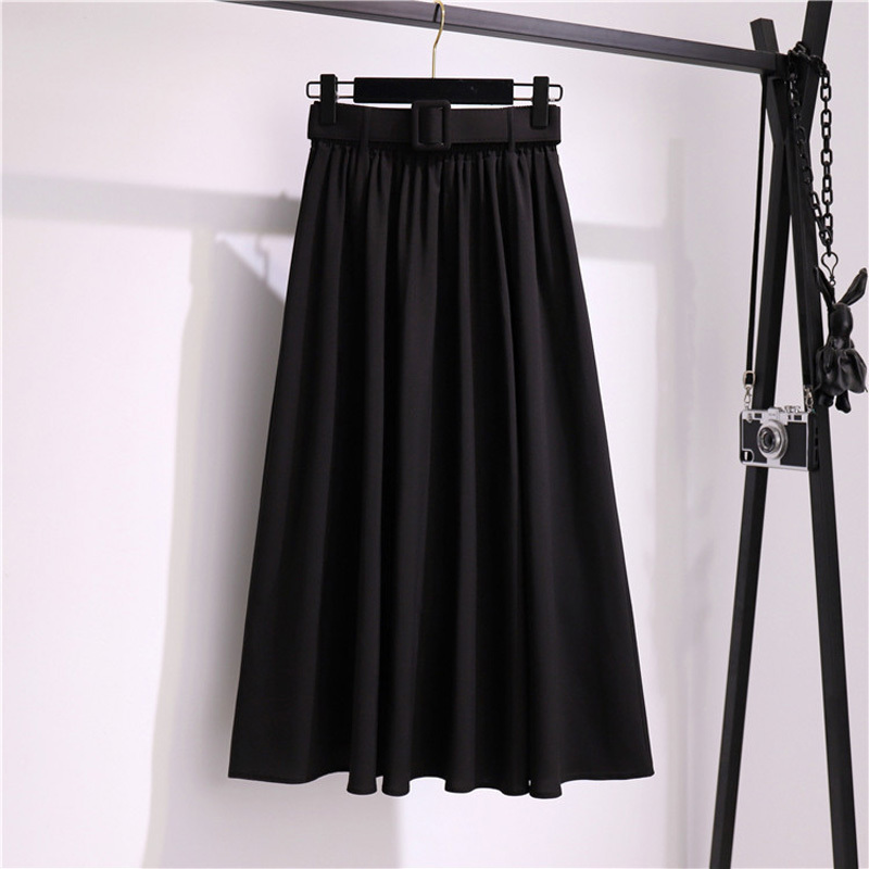 Soild With Belt Pleated Skirts Women Summer High Waist Vintage Splicing A-line Skirt Lady New Elegant Ruffles Midi Skirts 210415