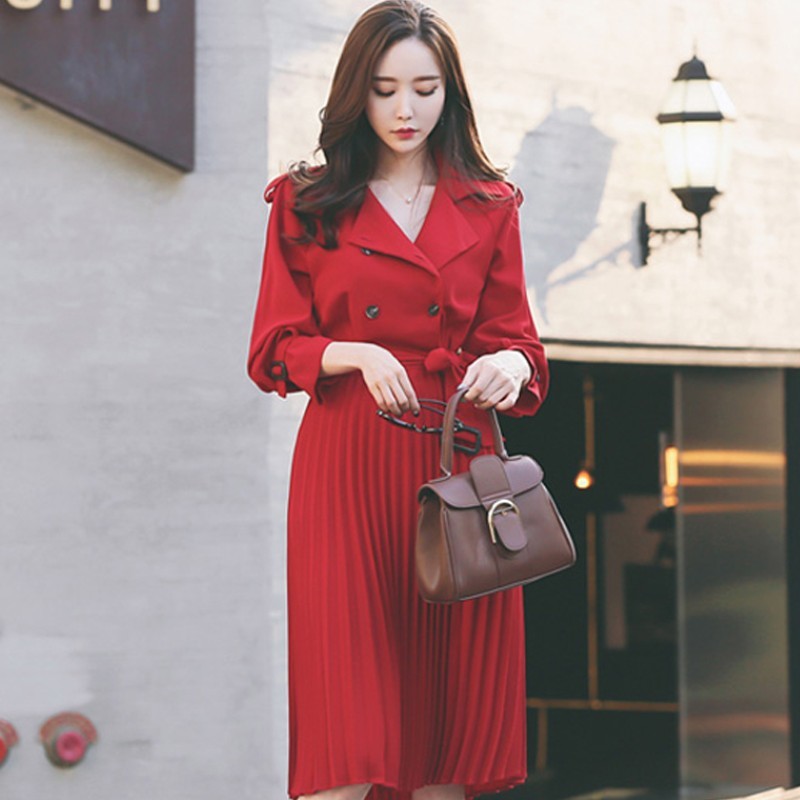 Autumn Vintage Elegant Belted Women Office Ladies Double Breasted Blazer Long Sleeved Pleated Dress Female Vestidos Femme 210519