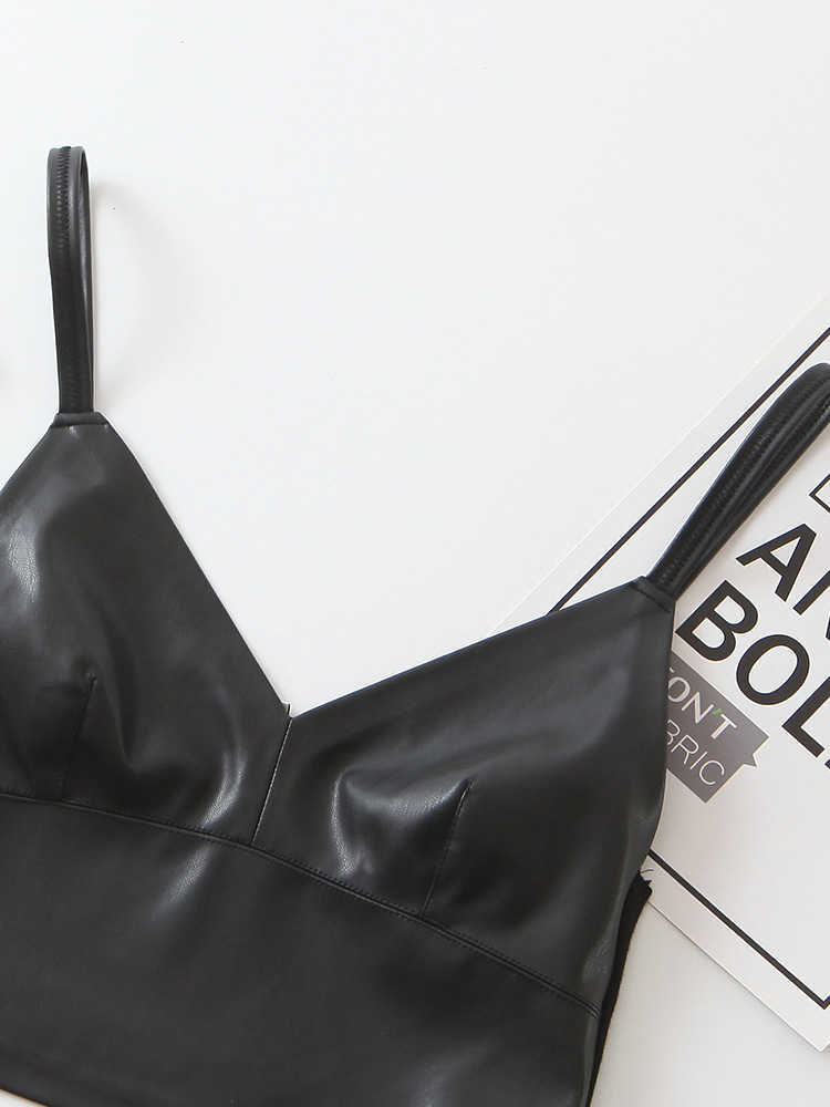 BIAORUINA Women's Sleeveless Black PU V-neck Sexy Short Camisole Female Club Style Backless Patchwork Fashion Tank Top Crop Tops 210625