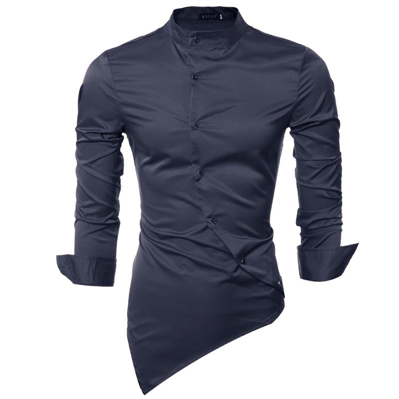 Men Shirt 2021 Male Long Sleeve Shirts Casual Mens Personality Oblique Single-Breasted Slim Fit Dress 4 Men's